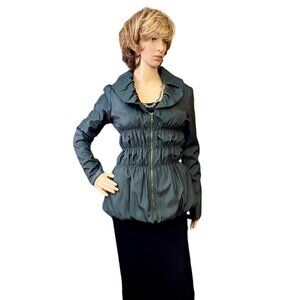 Green Silk Jacket Womens Sz XS to S with Ruffled Collar Cinched Waist